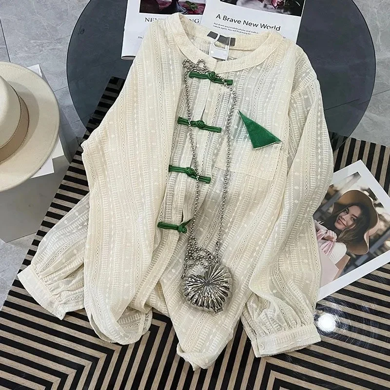 

plus Size 300 Pounds Retro Chinese Style Thin Button Design Women's Summer Sun Protection Shirt Long Sleeve round Neck Cardigan