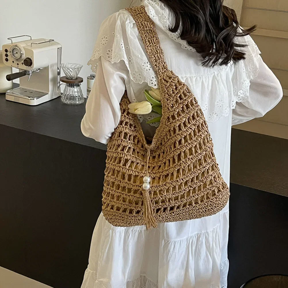 Straw Shoulder Beach Bag for Women Fashion Rattan Straw Woven Tote Handbag Purse Raffia Large Shopper Bag for Summer Vacation