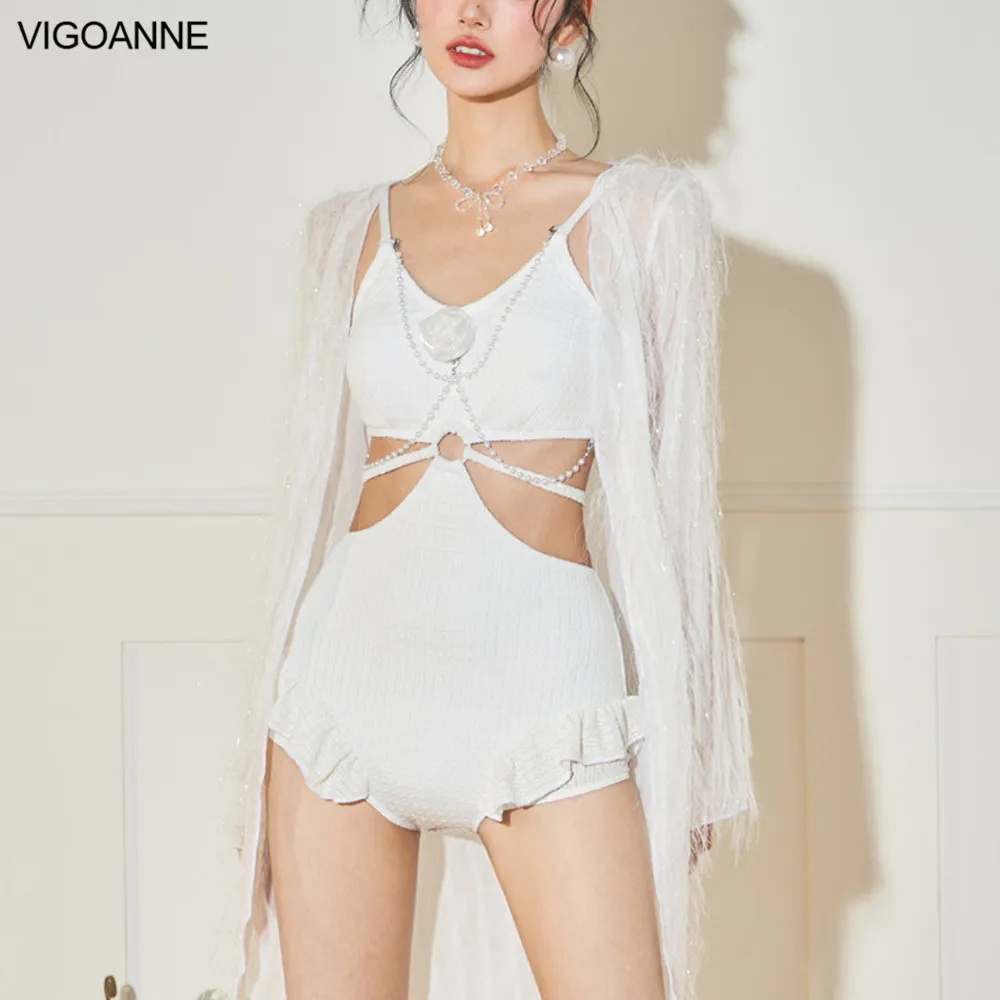 VigoAnne White 2 Piece Swimwear Women 2025 Hollow Push Up One Piece Swimsuit Korean Closed Monokini Strapped Beach Bathing Suit