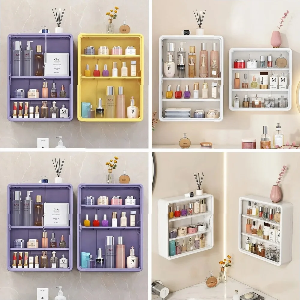 

Multi-Layer No-Drill Transparent Bathroom Organizer with Removable Shelves, Cosmetic Display Cabinet for Home Storage