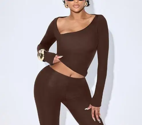 Autumn Irregular Slanted Neck Tight Fitting Long Sleeved Top and Solid Color Cropped Pants Set for Women's Casual 2-Piece Set
