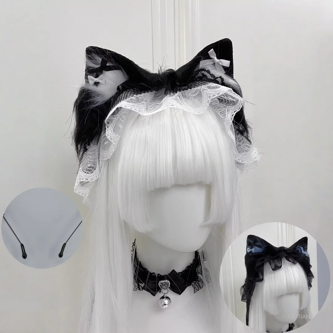 

New Lolita Accessories Y2k Lace Cat Ear Headband Cosplay Sweet Catwoman Plush Ear Ornaments Girls' Gothic Party Character Props