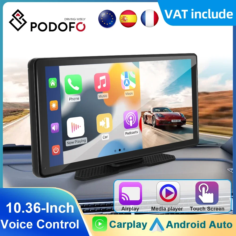 Podofo 10.36inch Car Monitor Carplay Portable Smart Player Android Auto Bluetooth FM AUX Voice Control Android Cast Airplay