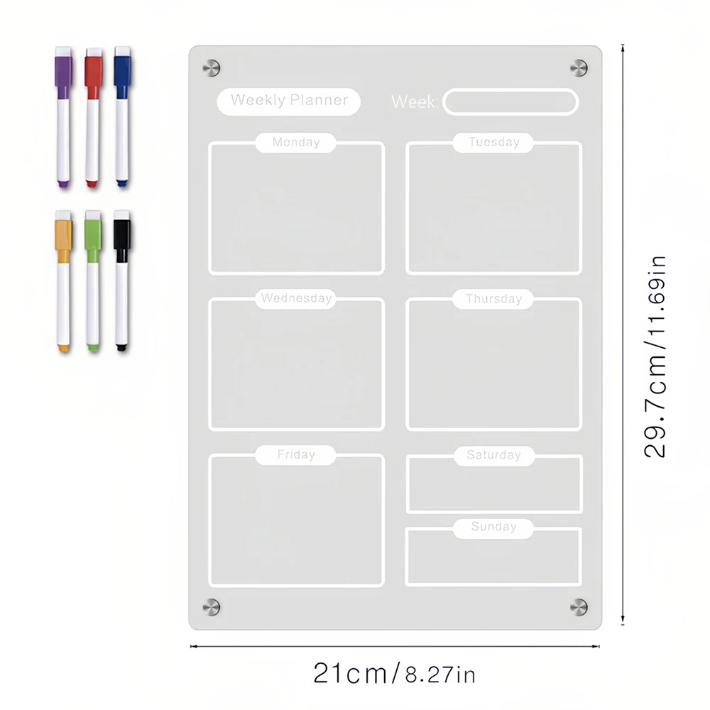 Clear Acrylic Magnetic Dry Erase Board Weekly Planner 8.27x11.7in Writing Board Fridge Reusable Planner 6 Color Magnetic Markers