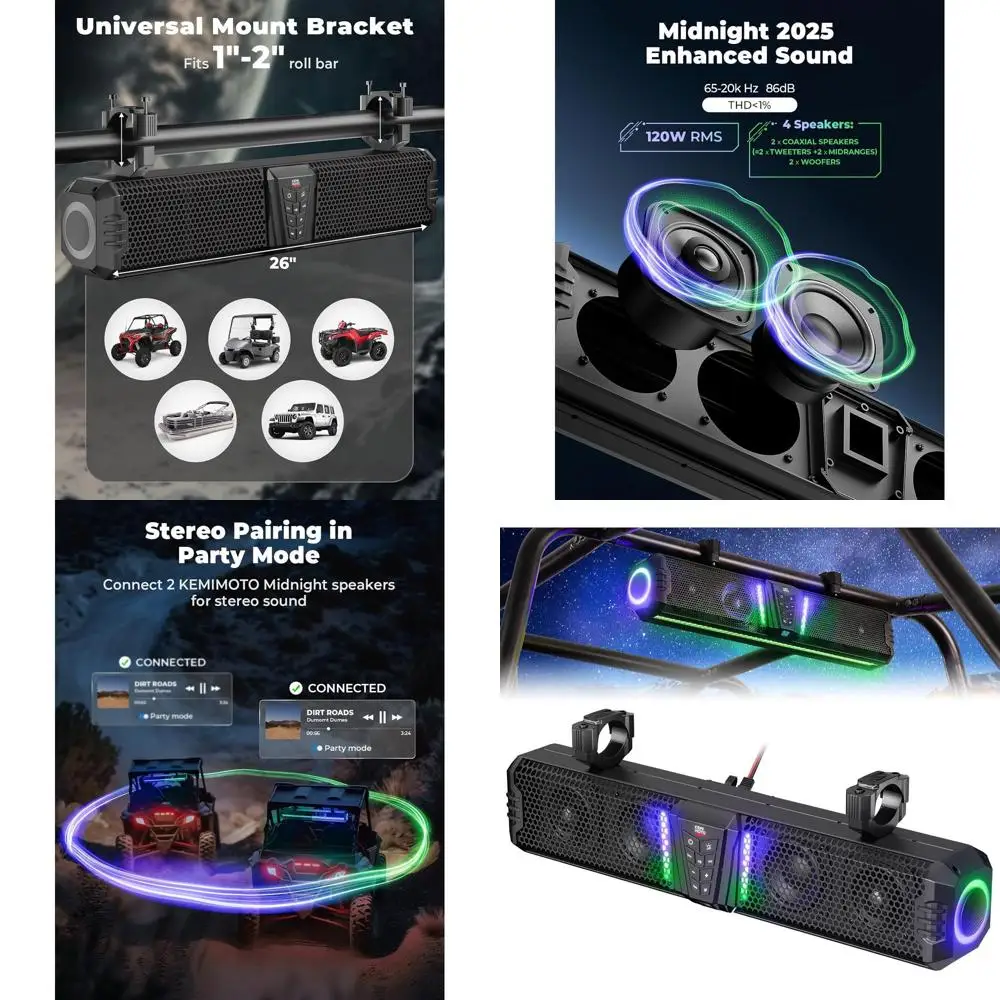 

26-дюймовая звуковая панель UTV Midnight 60, водонепроницаемая звуковая панель тележки для гольфа IP66, динамик ATV Bluetooth с RGB, совместимая звуковая панель SxS