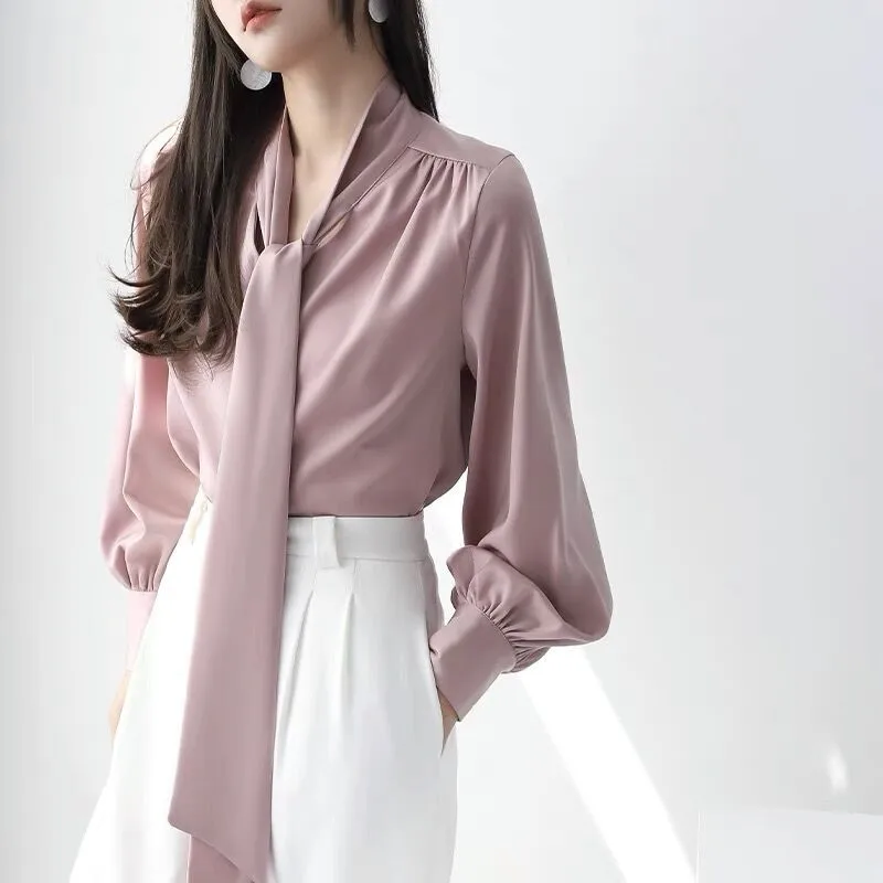 Spring Satin Shirt Women Fashion Elegant Lace Up ice silk Blouse office Ladies Imitation Silk Long Sleeve Shirt plus size 5XL