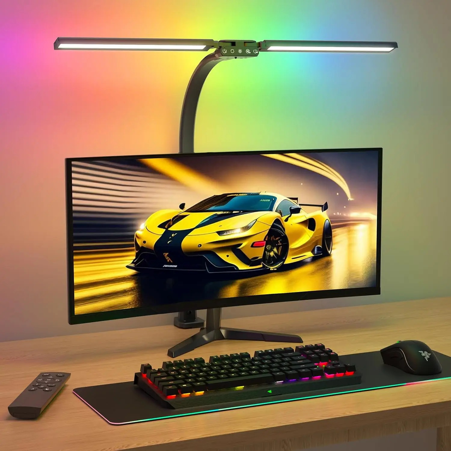Upgraded RGB LED Desk Lamp with Rotatable Dual Head, Remote Control, 22W, Dimmable Task Lighting for Home Office