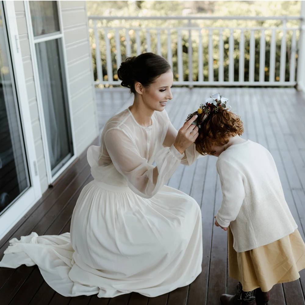 Een Lijn Transparante Lange Puffy Mouwen Trouwjurk Custom Made Spaghettibandjes Chiffon Rustieke Elopement Klassieke Bruidsjurken