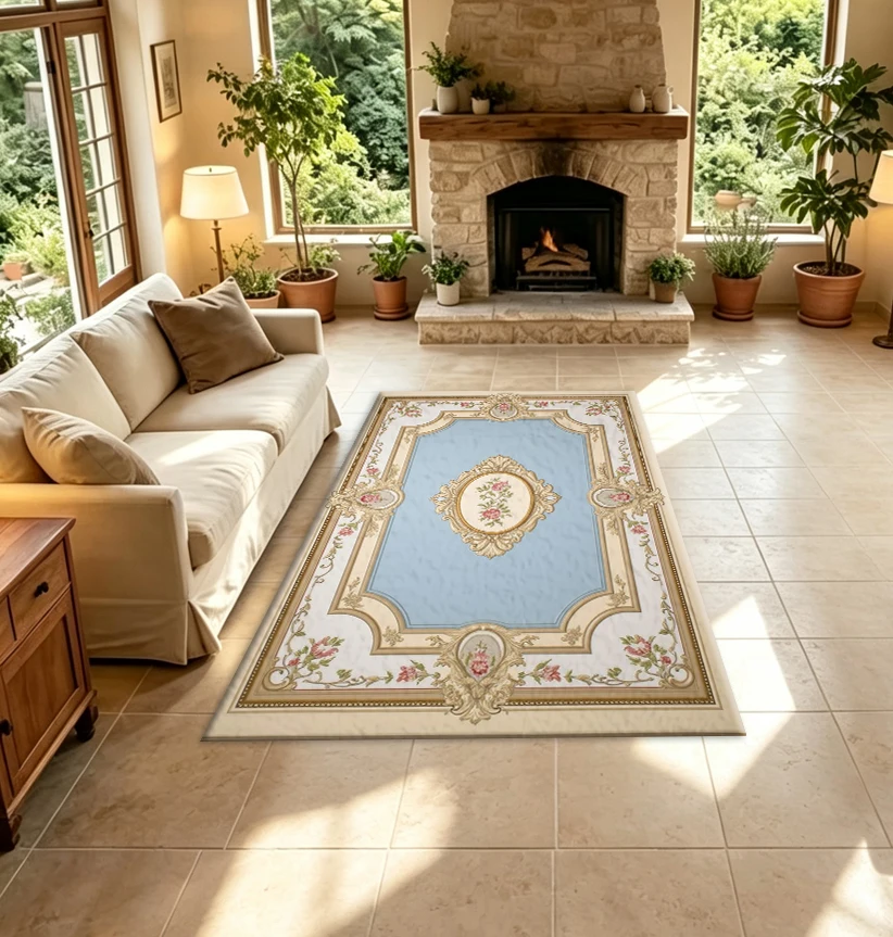 Light Blue French Rococo Rose Carpet Floor Luxury Vintage European Decorative Carpet Suitable for Home Room Decoration
