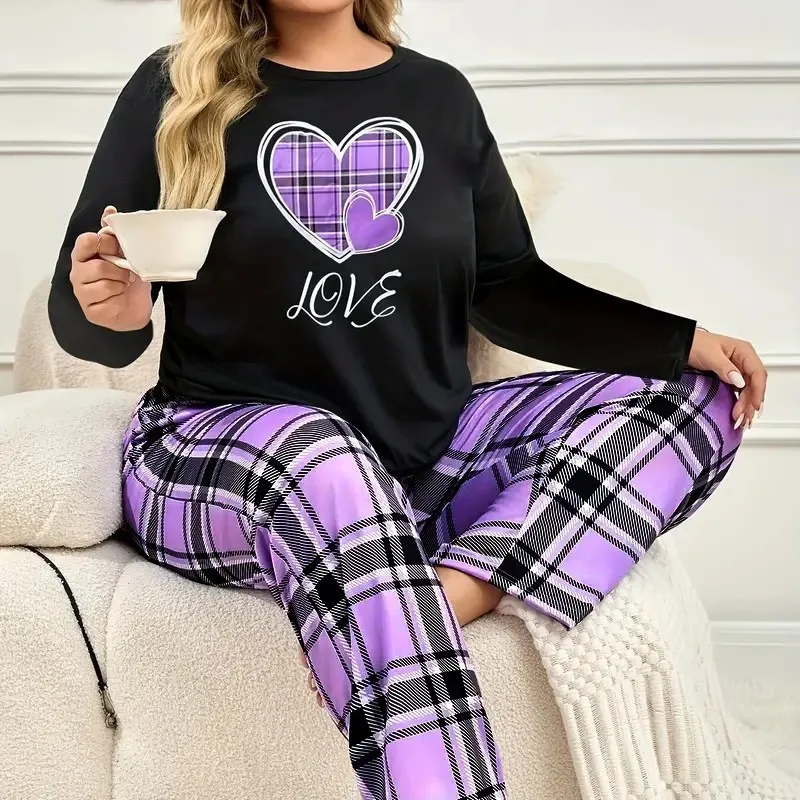 

Love Print Women's Pajamas Set Large Size 4XL Sleepwear Long Sleeve Trousers Loose Casual Plaid Pants 2 Piece Women's Suit