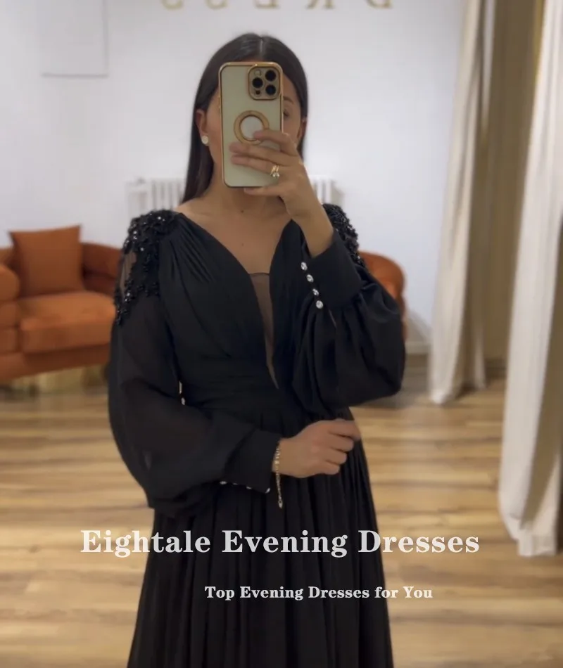 Eightale Arabic Evening Dresses for Wedding Party Long Puffy Sleeves Appliques V-Neck Black Formal Prom Gowns robe femme soirée