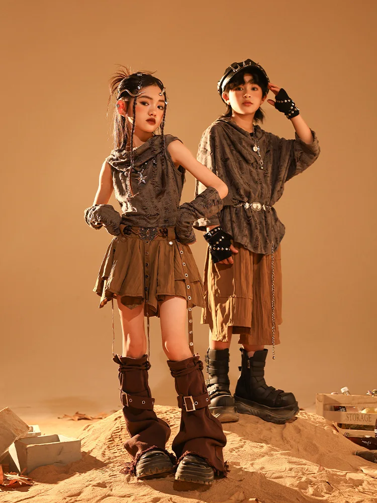 طفل القفار نمط الهيب هوب الملابس رمادي المتزعج هوديي أعلى القهوة مطوي تنورة السراويل لفتاة صبي أزياء رقص الملابس #3