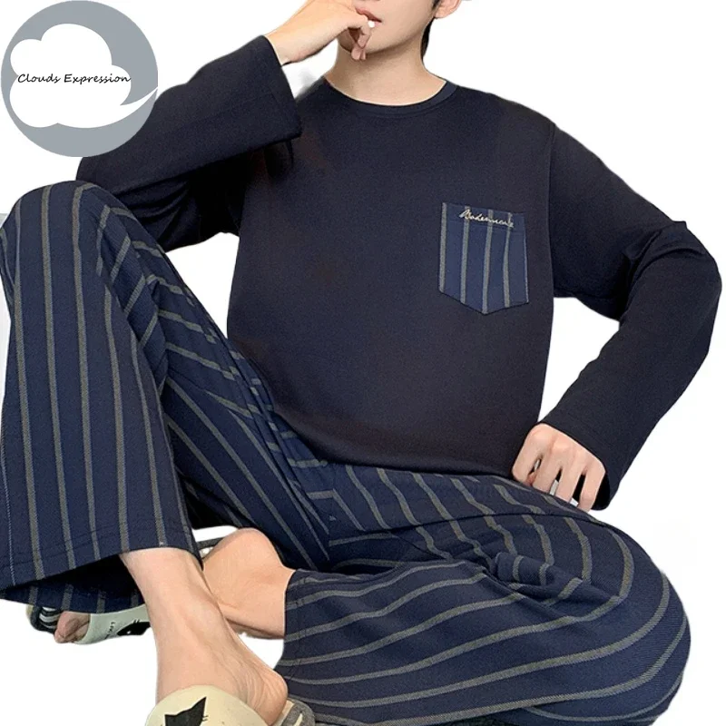 Spring Big 5XL Knitted Pjs Full-length Mens Pajama Sets Male Pajamas Striped Loungewear For Masculine Sleepwear Homewear Fashion