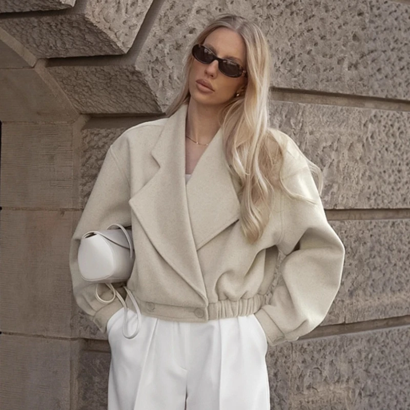 

2026 Spring New Commuter Suit Collar Short Elastic Waist Bottom Solid Color Fashion Coat for Women