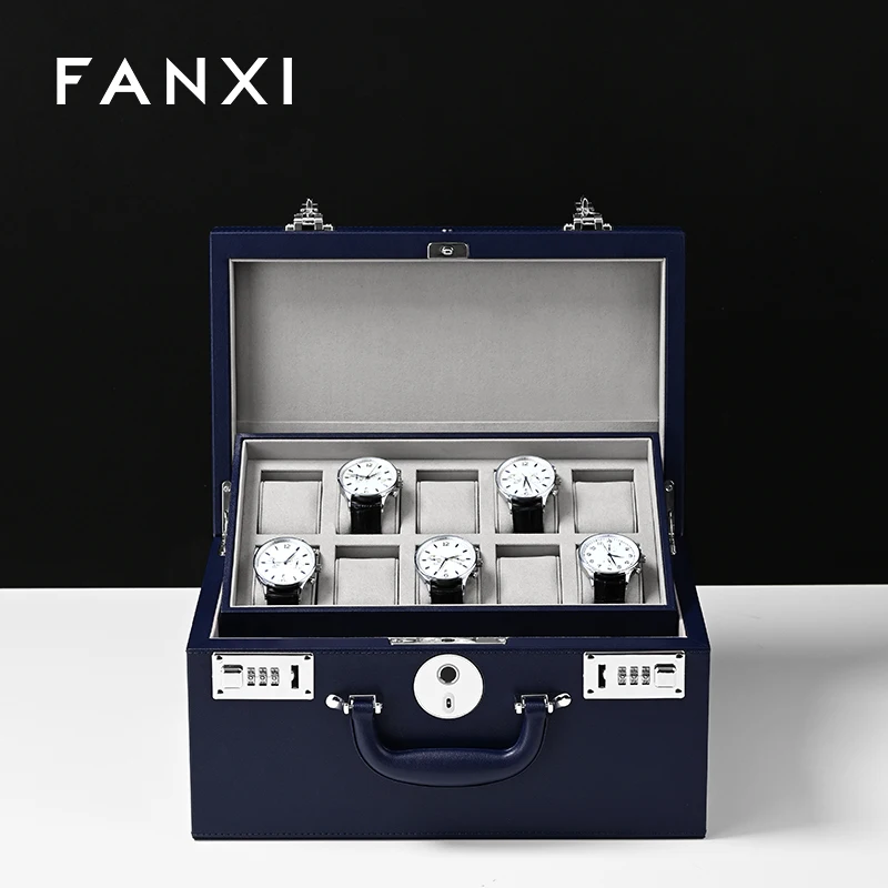 بو الجلود صندوق مجوهرات متعدد الطبقات شبكة كلمة المرور بصمة قفل حلقة ساعة صندوق تخزين المجوهرات #3