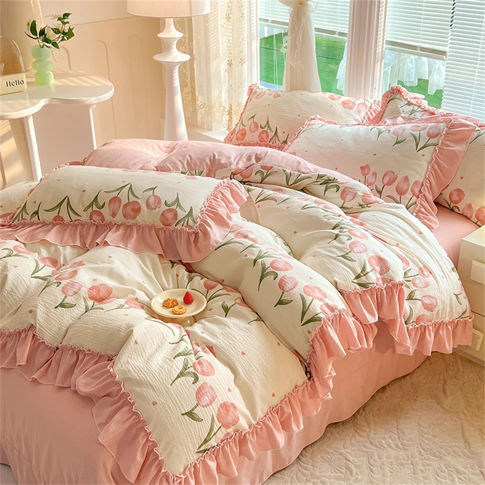 

Fashion Flower Bedding Set Bed Sheet Cute Princess AB Double Sided Ruffle Flower Quilt Cover Pillowcase Bedclothes Home Textiles