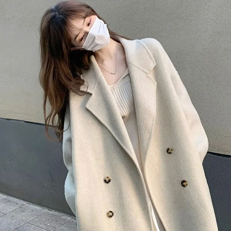 

Women Long Mid Length Woolen Coats Retro Solid Loose Female Overcoat Double Breasted Ladies Windbreak Autumn Winter 2025