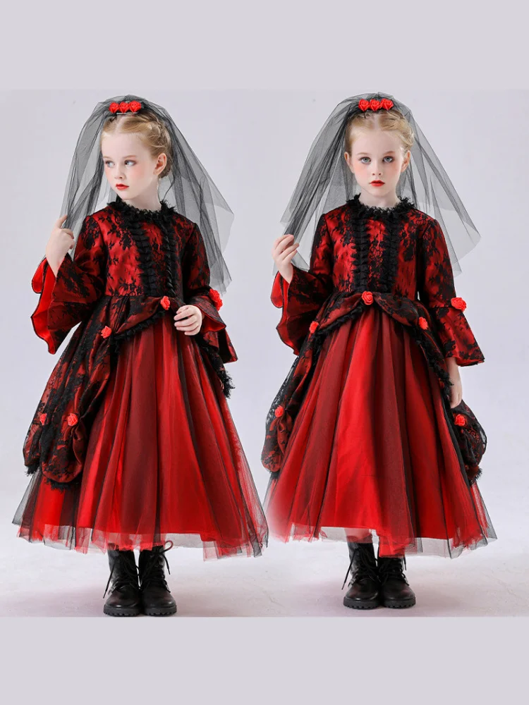 زي مصاص دماء للأطفال لعيد الهالوين، فستان أميرة ساحرة، زي أداء مسرحي، زي عروس شبح أحمر جديد، تنورة قطنية بخصر مرتفع