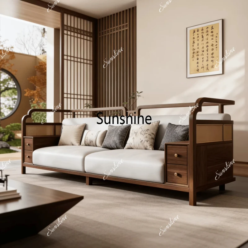 

New Chinese style, solid wood sofa living room, classic retro light luxury reception furniture