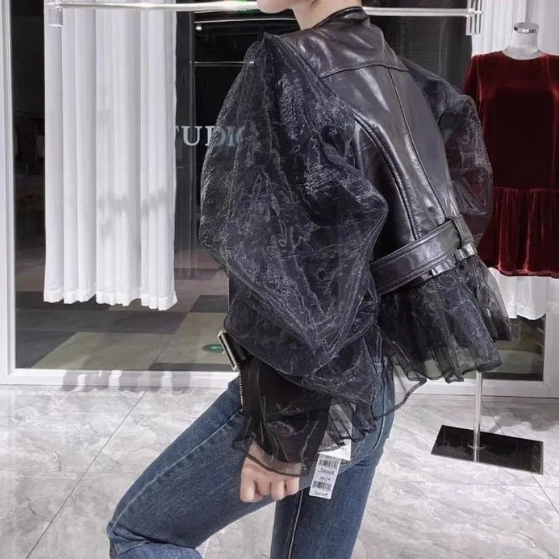 Loose Fit Black Pu Leather Mesh Elegant Jacket New Lapel Long Sleeve Women Coat Fashion Spring Autumn 2024  Top