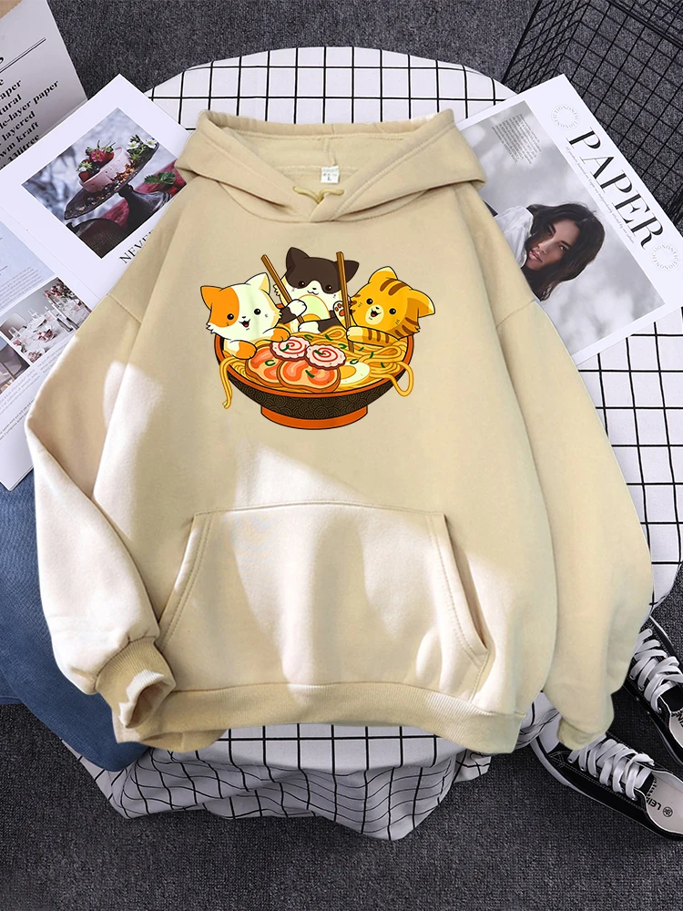 Anime Cats Eating Japanese Ramen Noodles Mens Hoody Street Simple Sweatshirts Daily Creativity Outerwear Street Hat Rope Sweat