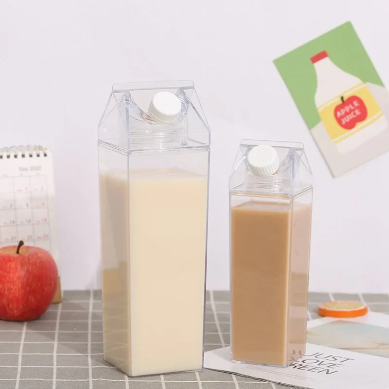 500/1000ml Milk Carton Water Bottle Creative Milk Bottle Drinking Cup Plastic Portable Clear Box Milk Storage Juice Tea Bottle