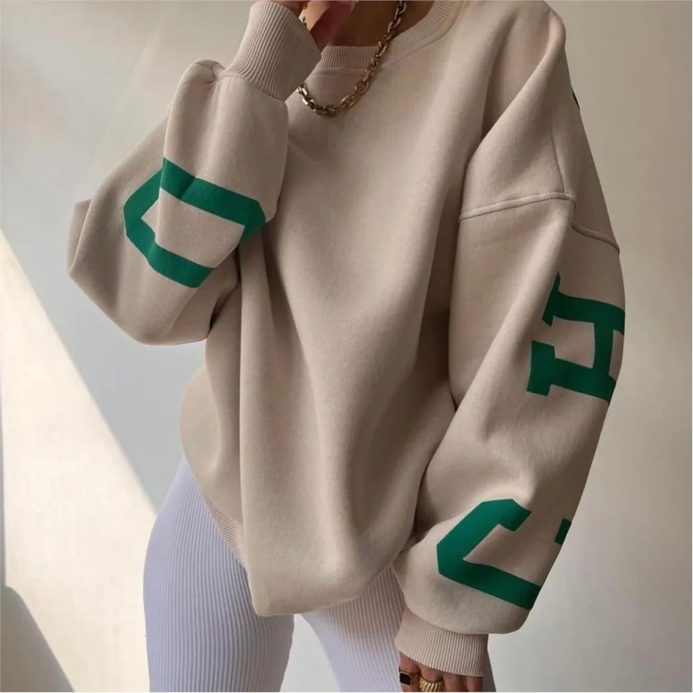 

Утолщенный однотонный пуловер с длинными рукавами и буквенным принтом, осень-зима, женский повседневный топ с круглым вырезом, Ropa Mujer