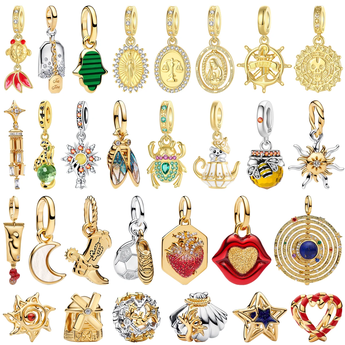 New 925 Sterling Silver Gold Castle Cosmetics Heart Leopard Goldfish Sun Butterfly Beads Pendant Fit DIY Bracelets Jewelry Gifts