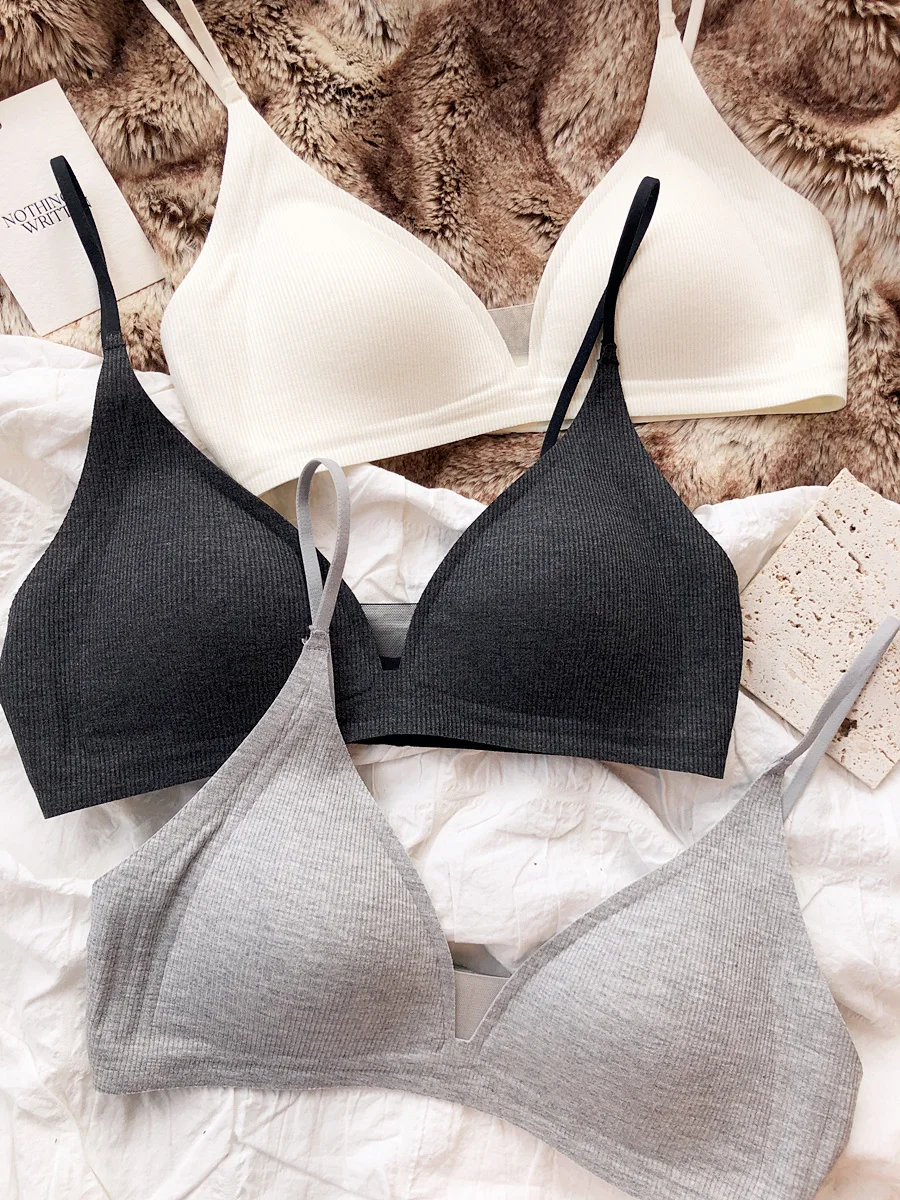 Simple comfortable triangle cup thin straps gathered lingerie without steel ring underwear breathable bra