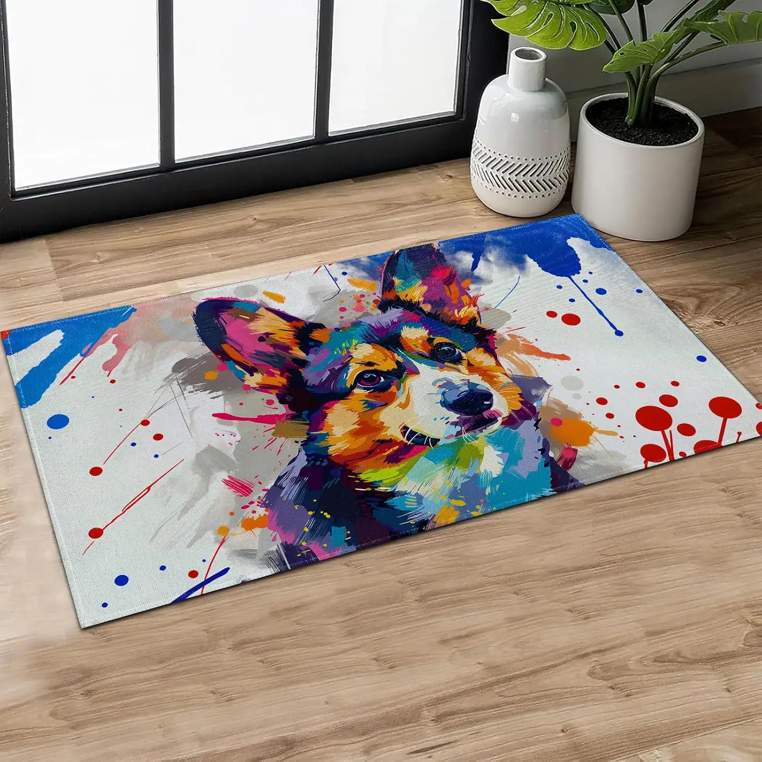 Trendy Dog Portrait Abstract Art Mat Polyester Runner Hallway Entryway Rug for Dog Lover Pet Decor Stylish Watercolor Puppy Prin