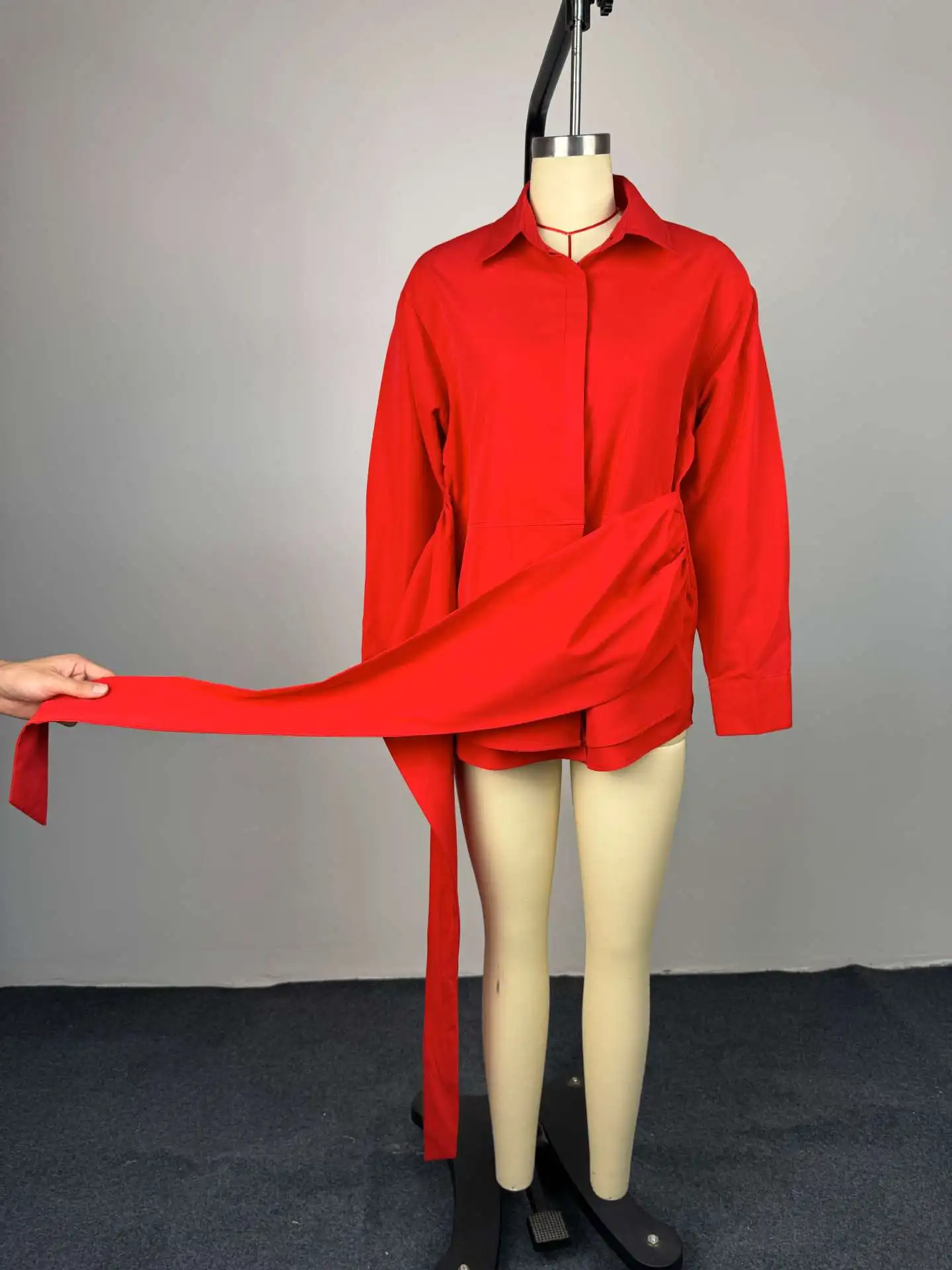 Fashion Solid Lace Up Blouse Women Lapel Waist Cinching Belt Full Sleeve Shirt 2026 Spring Lady Street Commute Daily Top New