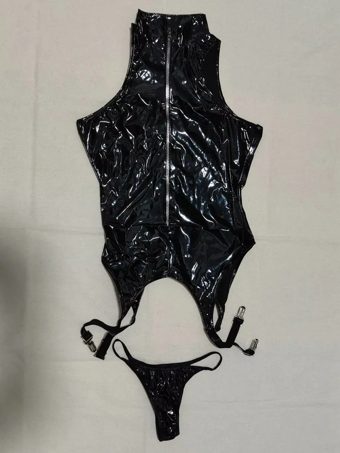 Sleeveless Wet Look PVC Cosplay Outfit Shiny PU Leather Crotchless Bodysuit Tights Body Garter Belt Stocking Harness Suspender