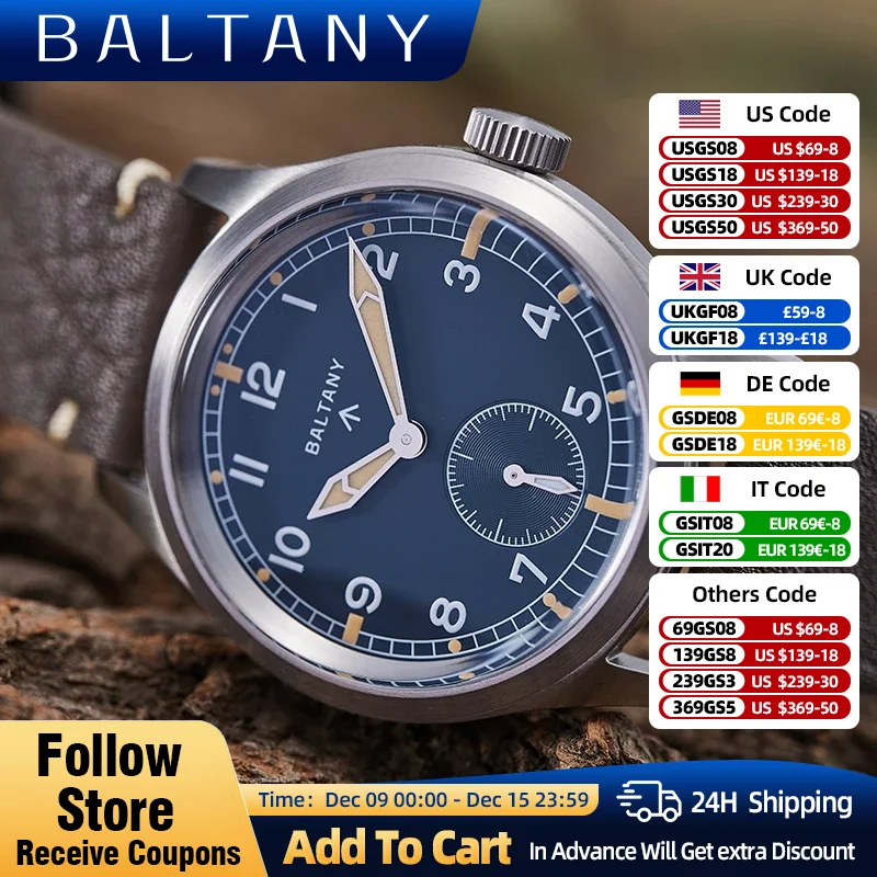 Baltany Dutzend Dutzend Uhr Saphir 39 mm Zifferblatt 316L Edelstahlgehäuse Lederarmband Militär Vintage Quarz Armbanduhr