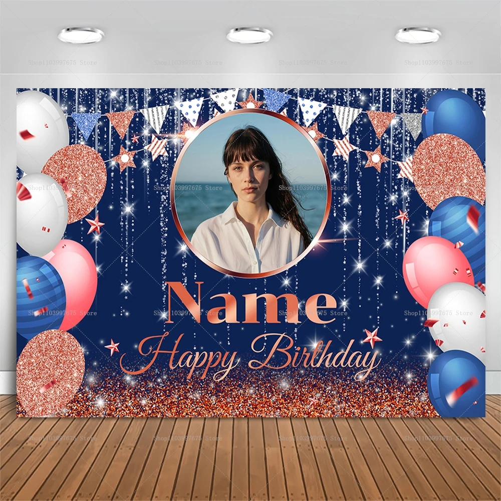 Personalisierter Foto-Geburtstags-Hintergrund in Schwarz und Gold mit Glitzerlichtern für Party-Wanddekoration – Detail 5