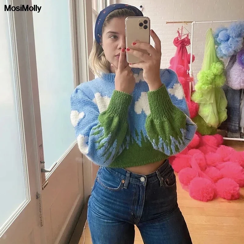 MosiMolly Autumn Winter Jacquard Sweater Jumper Pullovers Women Happy Crewneck sky clouds Knitted Sweater