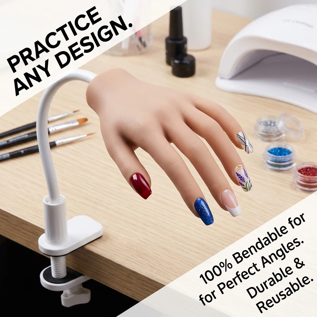 Nail Art Practice Hand Flexible Mannequin Fake Hand with Adjustable Desk Clamp and Replaceable Nail Tips