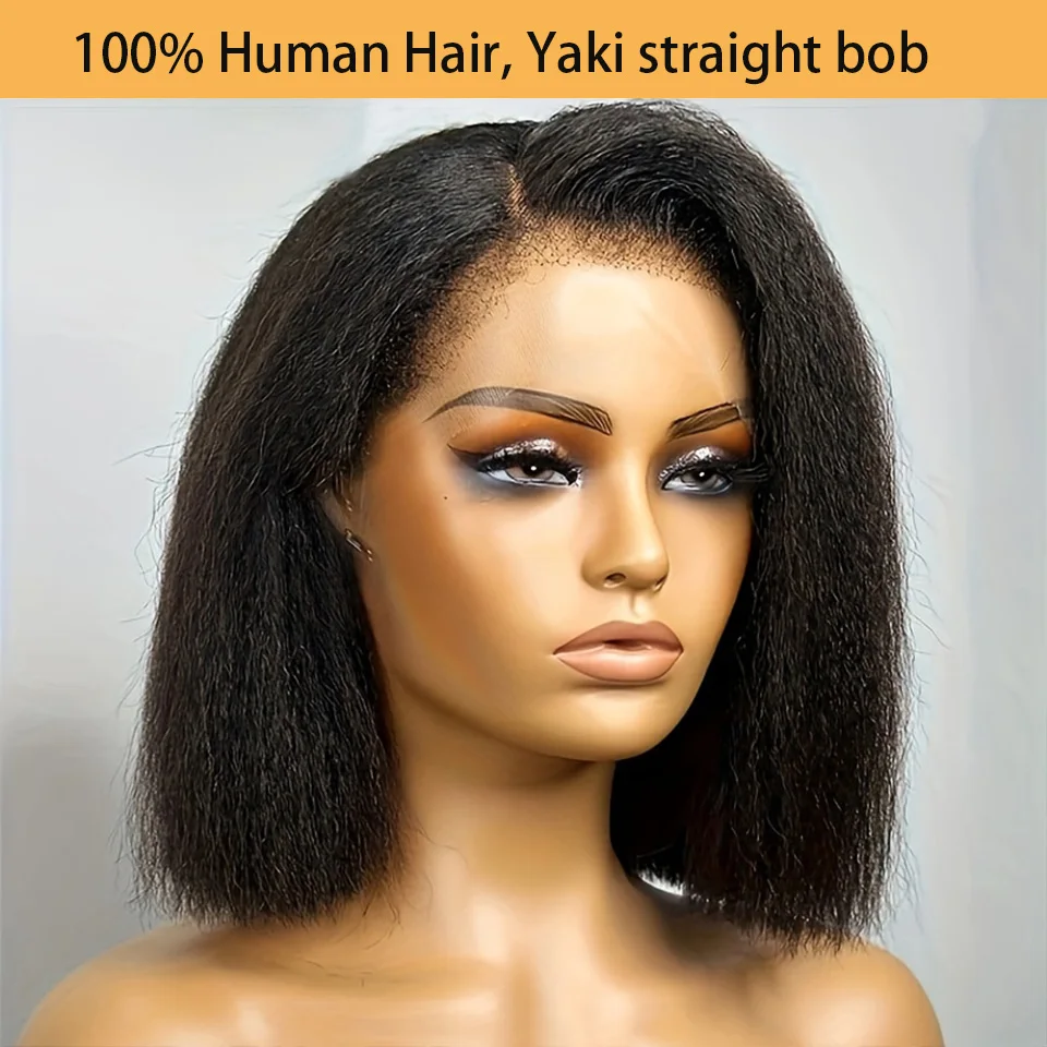 Brazilian Yaki Straight Korte Bob C Lace Bob Pruik Menselijk Haar Kant Pruik Pre Geplukt Natuurlijke Haarlijn Pruik Natuurlijke Zwarte Lijmloze Pruik