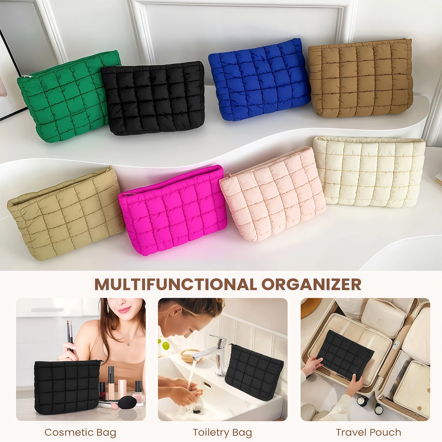 Multi functional Quilted Makeup Bag, Toilet Bag, Travel Storage Bag, Available in Multiple Colors.zwq