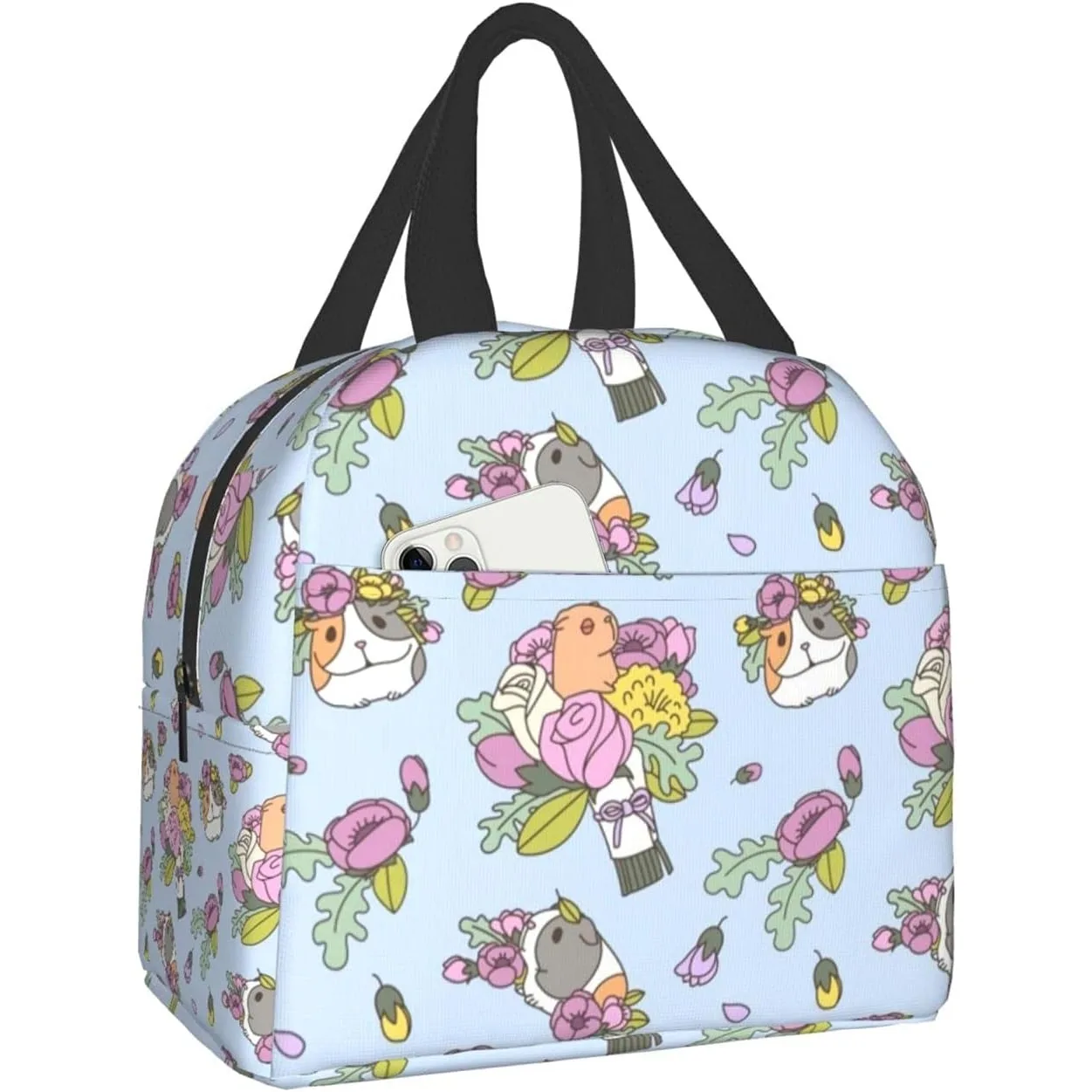 

Bag Reusable Lunch Box, Cooler Lunch Tote Bag With Front Pocket for Women Men Picnic Office Work, Flowers and Guinea Pig Print