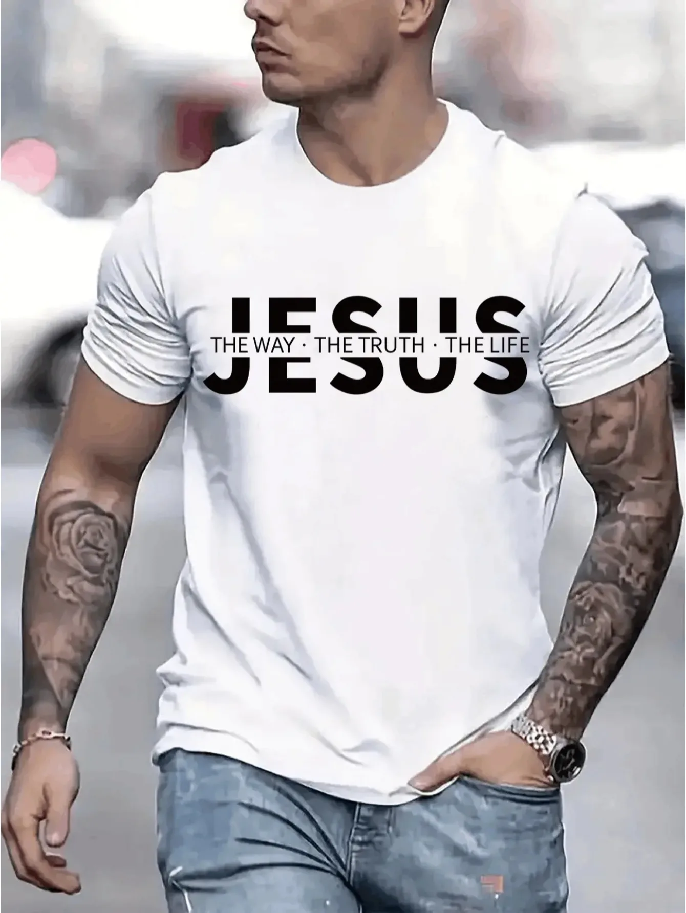 Men's Jesus The Way T-Shirt - John 14:6 Verse Print, Breathable Cotton Crew Neck Short Sleeve, Fit Casual Religious Apparel, White & Black Options Available, Casual Attire for Church & Faith-Based Events