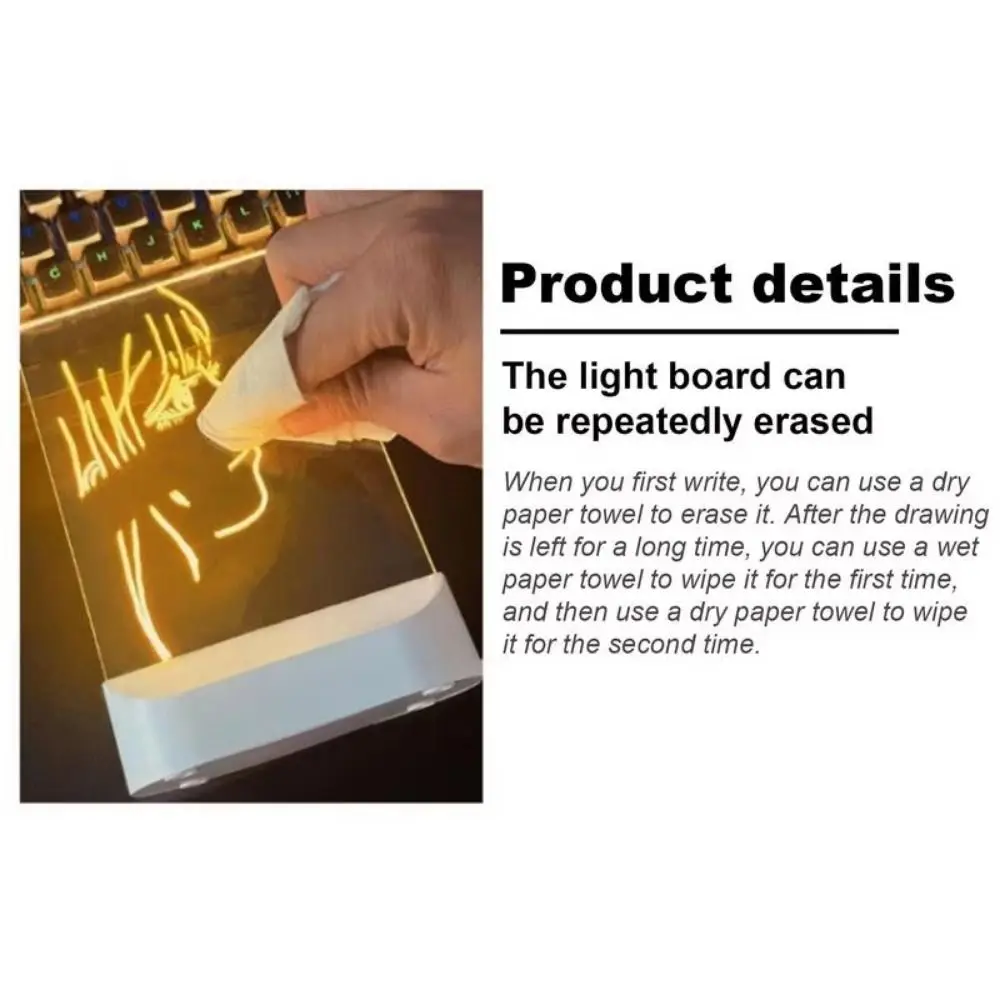 Kreatywna tablica LED do rysowania z lampką nocną, wymazywalna tablica świetlna DIY z 7 kolorowymi pisakami, przezroczysta akrylowa tablica do pisania kredą.