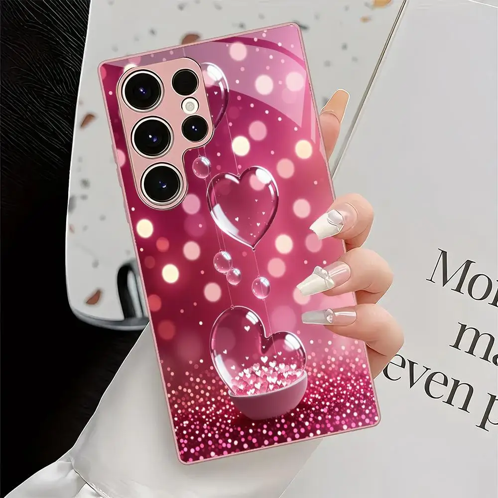 Water droplet heart-shaped tempered glass phone case suitable for Samsung Galaxy S26 S25 S24 S23 S22 S20 FE/Ultra/Plus anti drop
