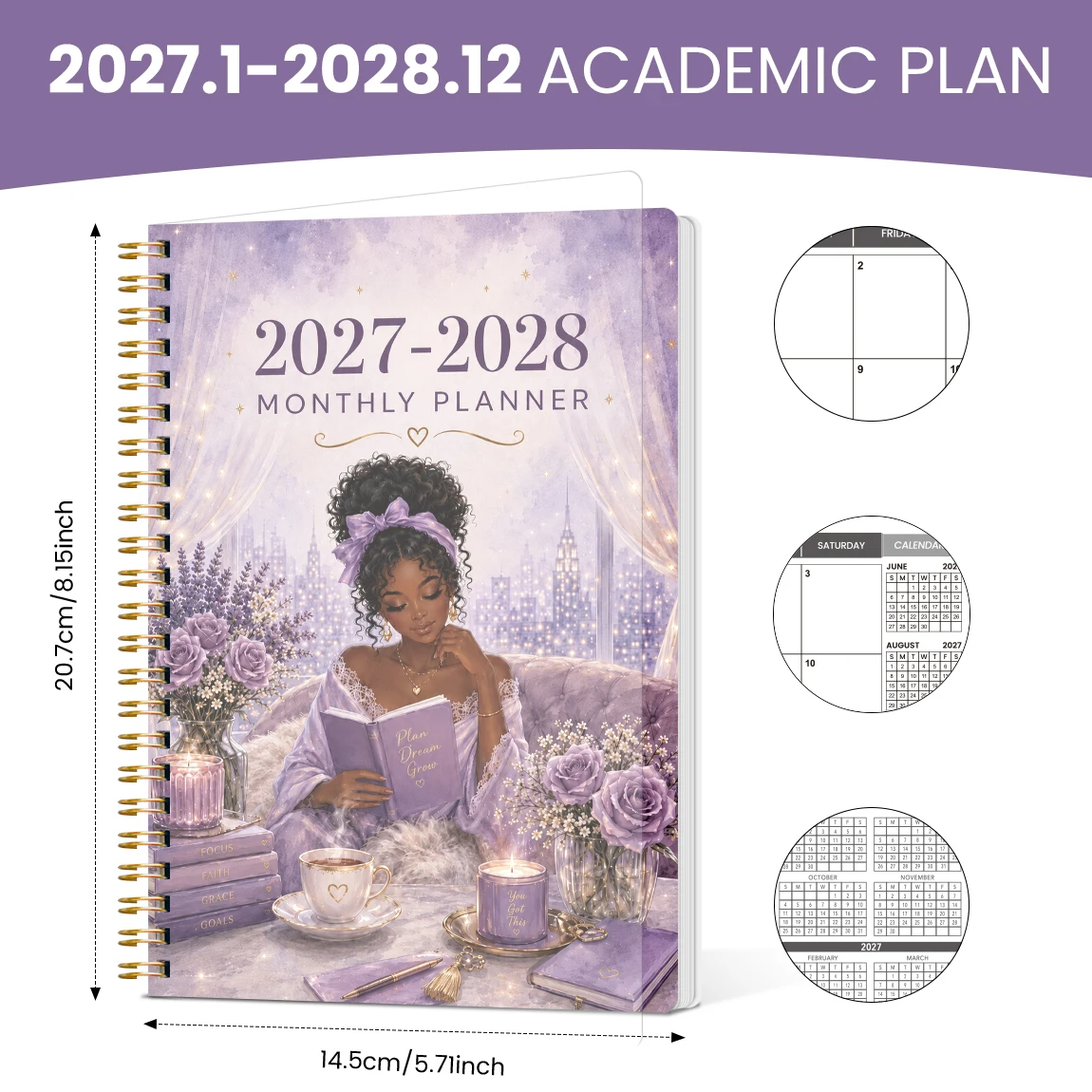 1PC 2027-2028 A5 Monthly Planner Notebook with Color Tabs, Purple Reading Spiral Organizer for Work, School & Daily Planning