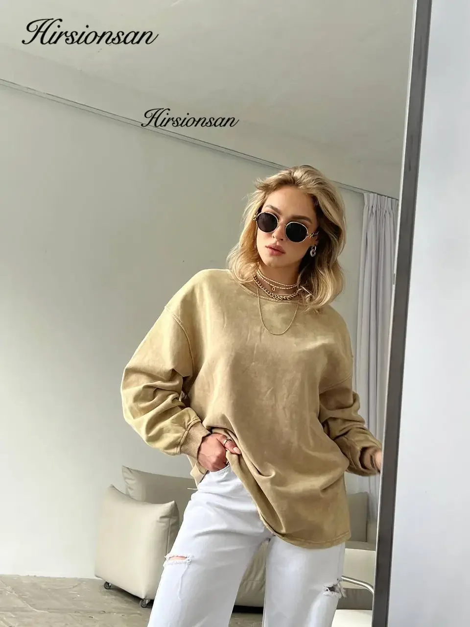 Hirsionsan Retro Washed Long Sleeve Women T Shirt Loose Oversized Streetwear Trendy Pullovers Autumn Female Cotton Couple Tops