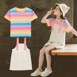 5 6 8 10 12 Years Girls Clothing Sets Summer Rainbow Stripes Tops And Overalls Little Princess Suits Birthday Party Kids Clothes