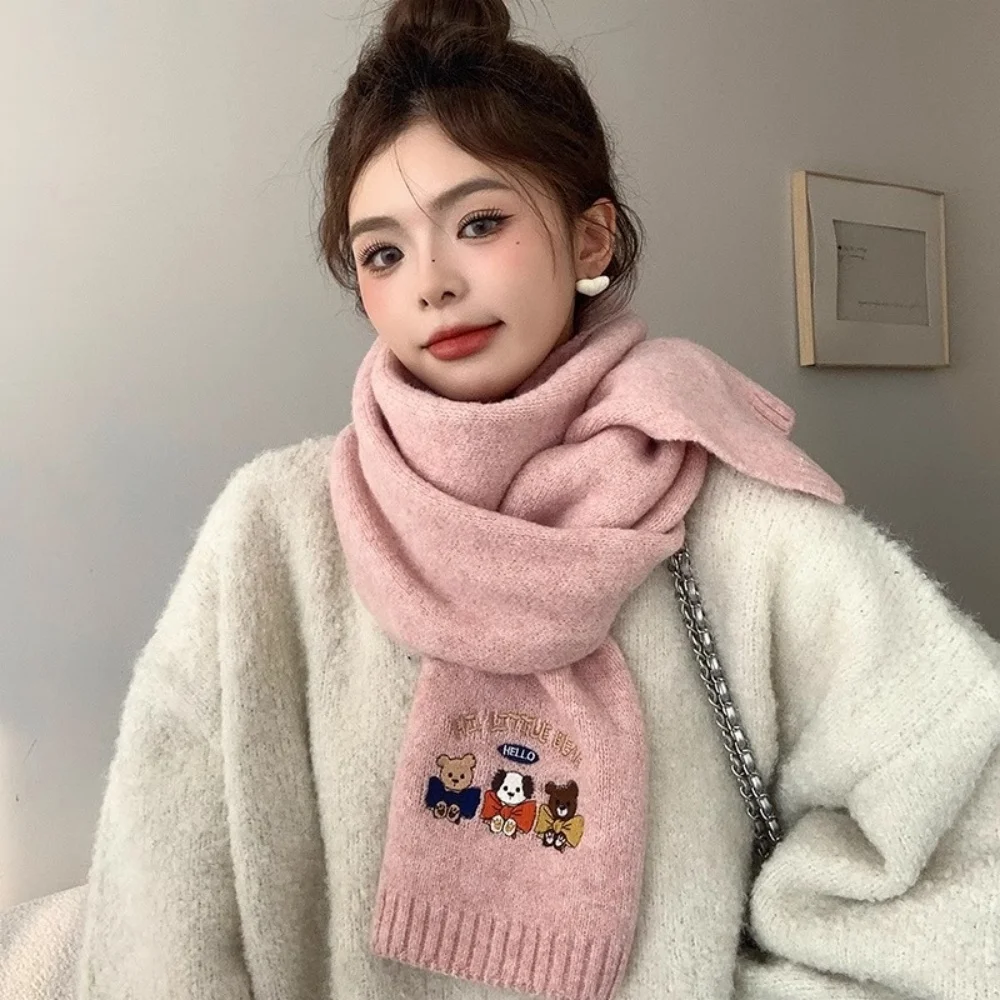 الدوبامين لطيف الدب التطريز وشاح المرأة يندبروف سميكة محبوك الرقبة أدفأ شال تنوعا الصوف أوشحة شتوية echarpe فام