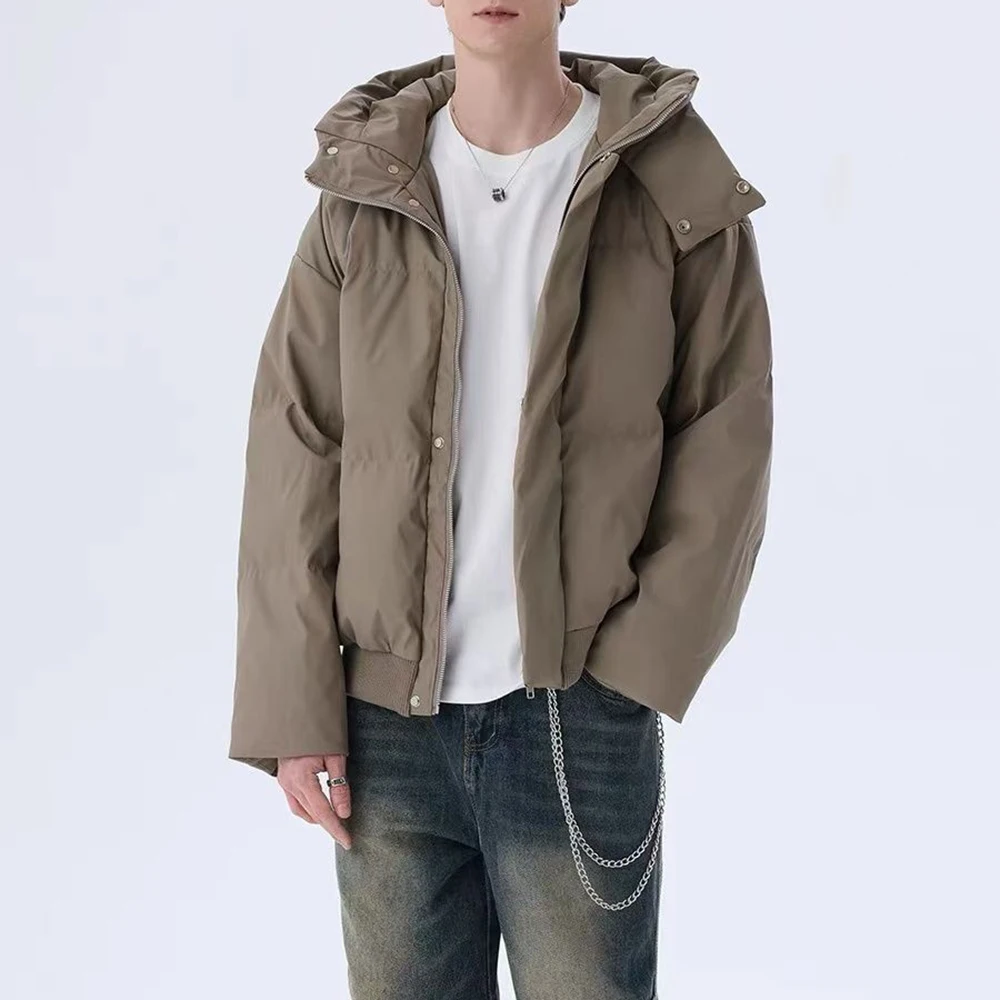 American Hip-Hop Solid Color High Collar Hooded Windproof Y2k Cotton Clothing Winter Fashion Handsome Warm Pu Leather Jacket Men