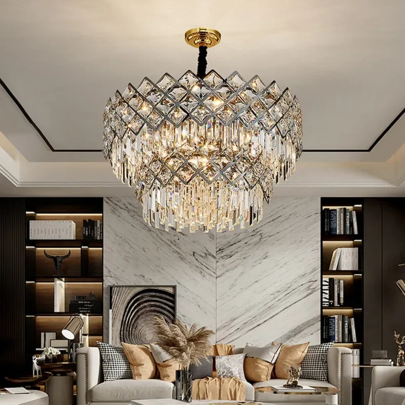 Stainless steel light luxury crystal chandelier, Italian minimalist living room, main lamp