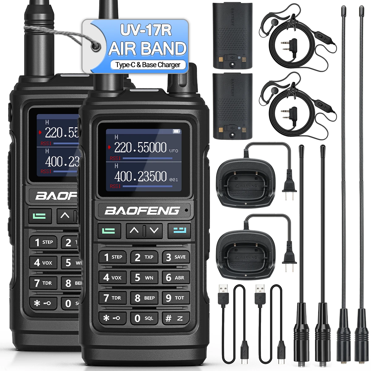 

1/2X Baofeng UV-17R Walkie Talkie Tri Band Wireless Copy Frequency 999CH NOAA Type-C Long Range for UV-5R UV-17 PRO V2 Ham Radio