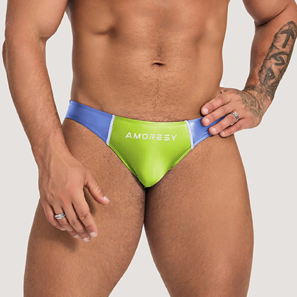 AMORESY-Men\'s Spandex Swimming Trunks, Matching Color, Ultra Low Waisted, Sexy Sports, Oily, Smooth, Silk Briefs